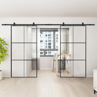 Porte de grange double en verre transparent avec quincaillerie d'installation, porte de grange coulissante