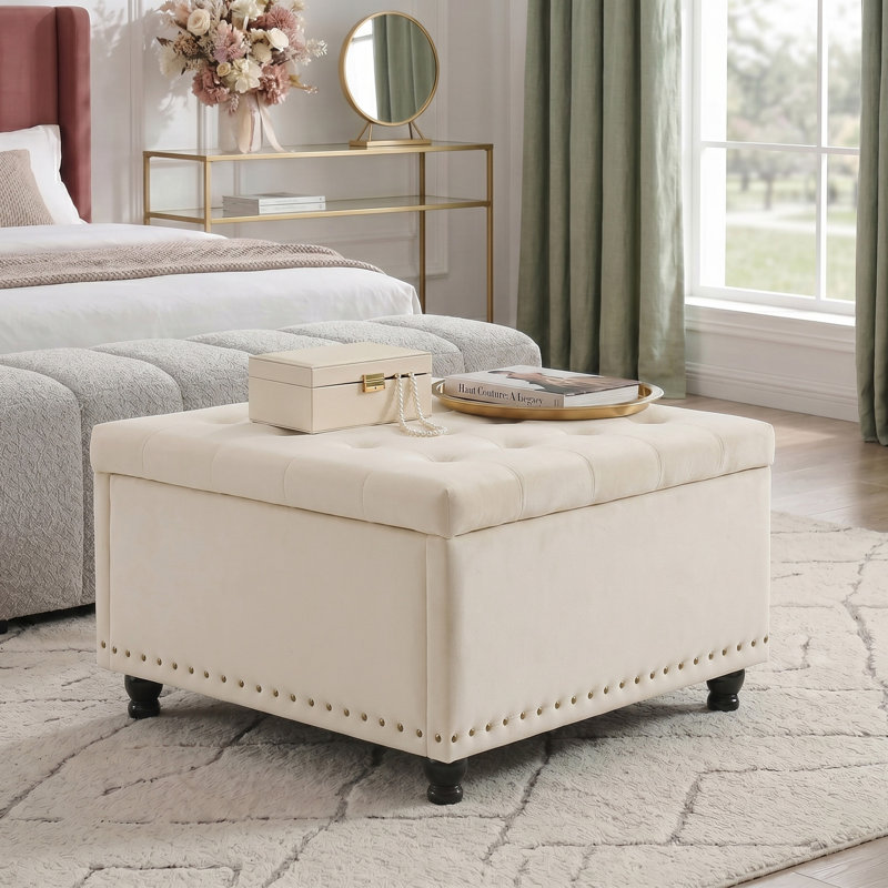 Repose-pieds carré avec rangement Arshi, Velours beige