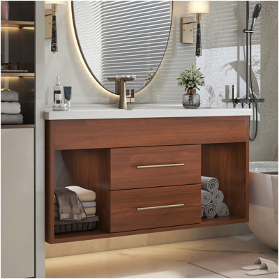 Meuble-lavabo simple 35,4 po Mid-Century avec lavabo encastré en céramique intégré