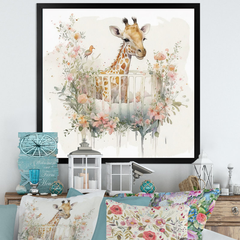 Girafe dans un lit de bébé avec des fleurs - Girafe, art mural sur toile, L 16 po x H 16 po