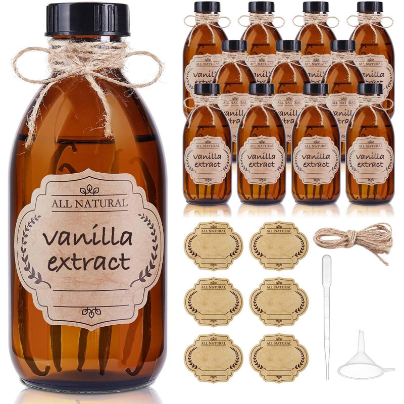 Lot de 12 flacons d'extrait de vanille, flacons en verre ambré de 237 ml (8 oz) avec bouchons