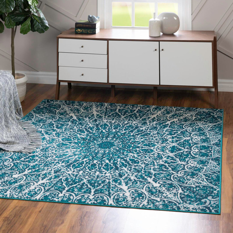 Tapis abstrait Affleck, Carré 8 pi, Turquoise