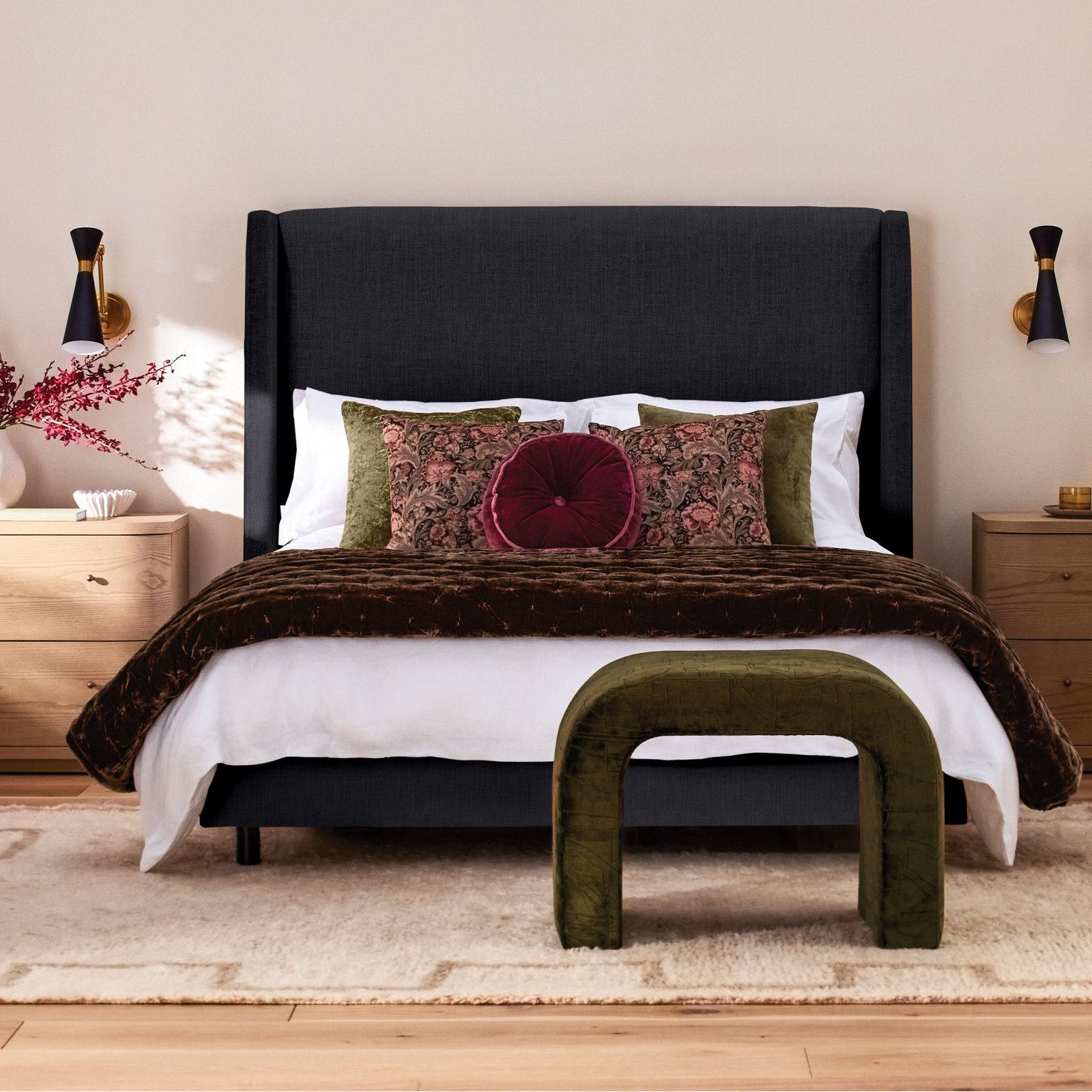 Hanson Upholstered Wingback Bed, California King, Classic Black Linen