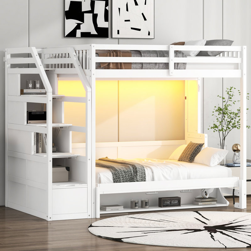 Full XL Size Loft Bed with Storage Staircase and Full Size Murphy Bed