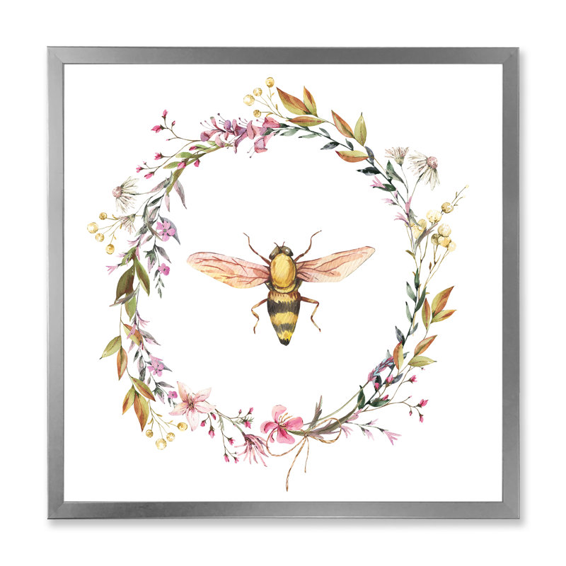 «Bee In Wildflowers Wreath», reproduction d'art sur toile, H 36 po x l 36 po x 1,5 po, Encadrement argenté