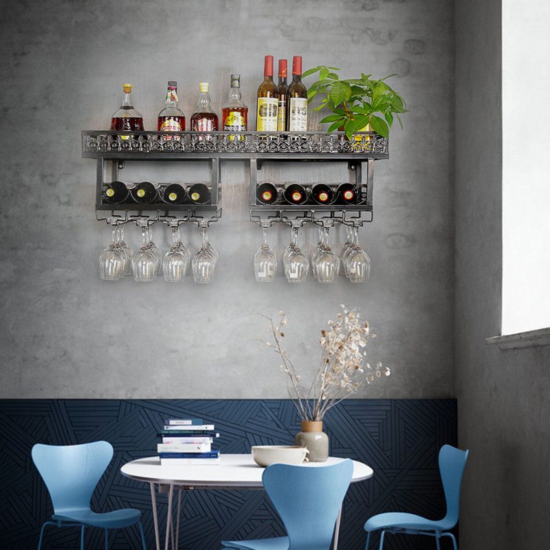 2-Layer Industrial Vintage Metal Wall Mounted Wine Rack, Black, 11.81" H x 39.4" W x 12.2" D