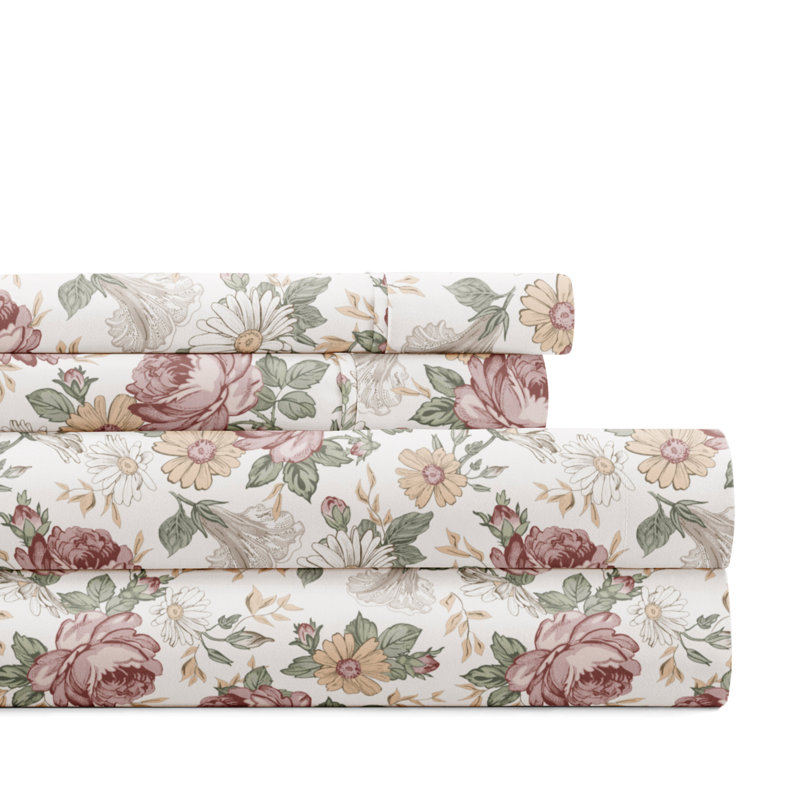 7-Piece Reversible Bedding Bundle - Solid Comforter and Patterned Sheet Set, Beige Floral