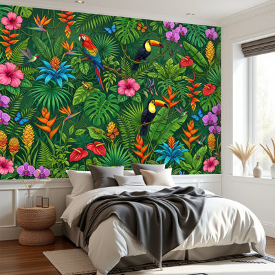 [style] Peel and Stick Wallpaper Colorful Tropical Rainforest Parrots Toucans Flowers Green Foliage Wall Murals 69"H x 96"W Removable PVC Wall Paper Self-Adhesive Wall Decor for Bedroom Living Room Home Office