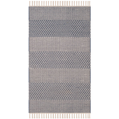 Tapis rayé ivoire / bleu marine en coton tissé à plat à la main Annia