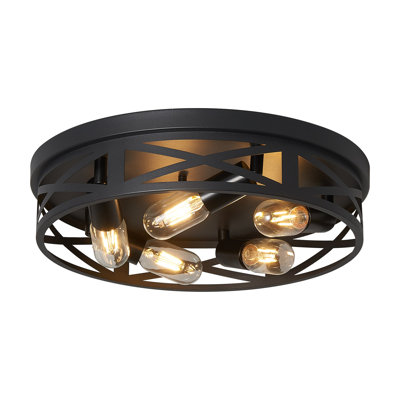 Plafonnier industriel encastré noir mat à 5 lumières, structure métallique ajourée entrecroisée, luminaire de style ferme rond pour couloir, cuisine ou entrée.