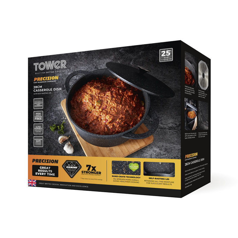 Tower Precision Casserole Dish with Aluminium Lid, Lightweight Cast Aluminium, 20 - 28cm, Black, 16.70" H x 38" W, 6.9 Liter