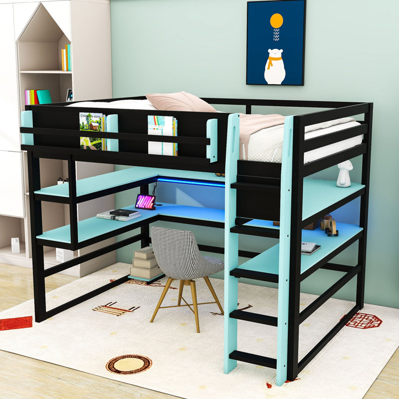 Lit mezzanine avec station de jeu et intégration Smart Tech, Lit double, Bleu nuage