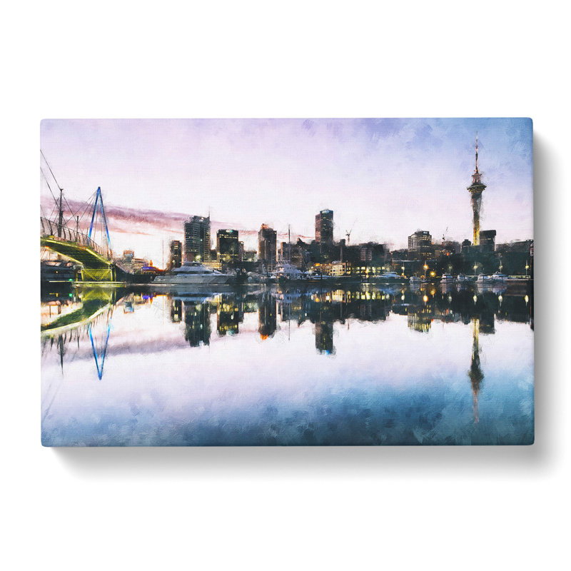 Auckland Skyline In New Zealand Painting - Wrapped Canvas, 60cm H x 91cm W x 3cm D