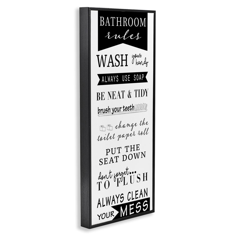 «Black Bathroom Rules», estampe numérique par Anna Quach, H 30 po x l 13 po, Giclée encadrée noir minuit