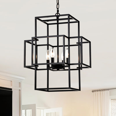 4- Metal Lantern Hanging - Matte Black Industrial Look With Adjustable Height For Dining Room, Hallway, Foyer, Entryway Lighting