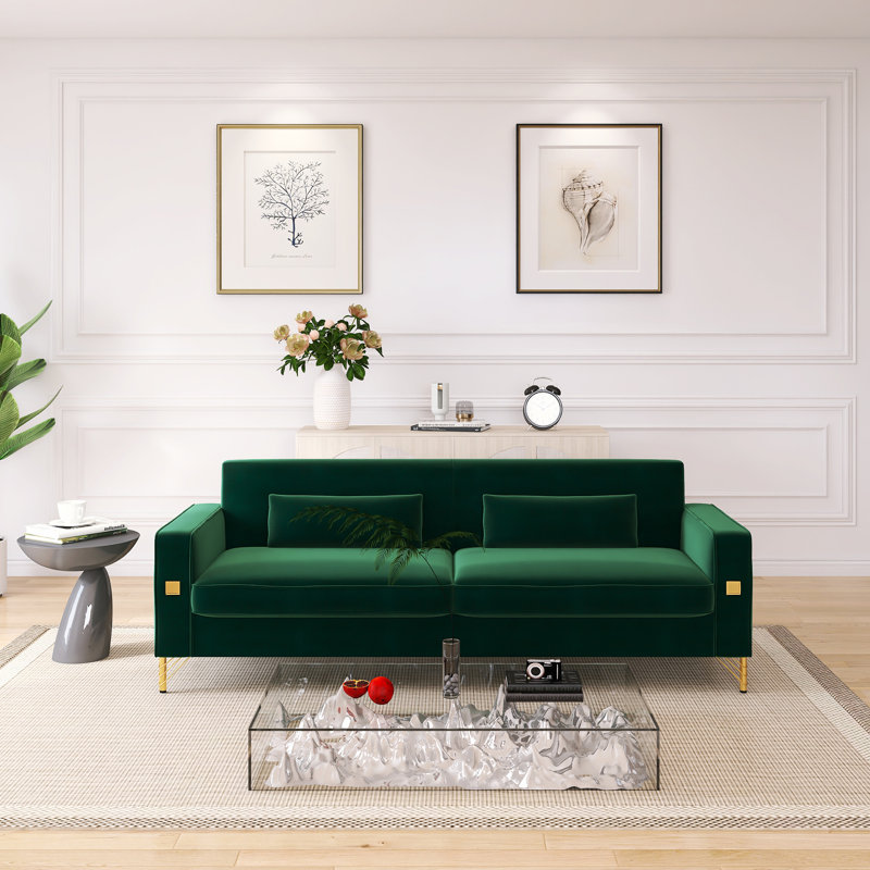 Canapé 85,63 po style Mid-Century moderne avec coussins moelleux et pieds en métal, Vert rétro