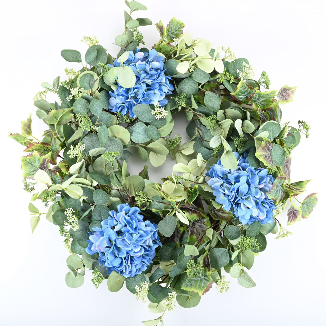24" Handcrafted Everyday Eucalyptus Hydrangea Flower Wreath for Front Door Primrue