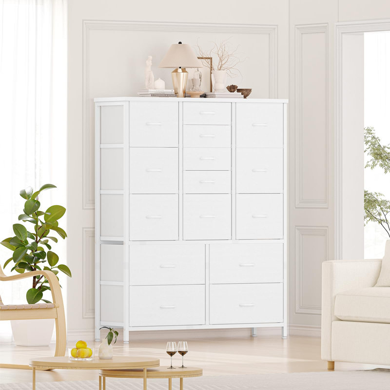 15-Drawer Tall Fabric Dresser Organizer for Bedroom – Sturdy Metal Frame, Wooden Top, Easy-Pull Handles, Spacious Storage Chest for Closet, Hallway, Nursery – White
