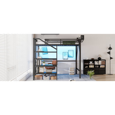 Grand lit mezzanine avec bureau pliable et station de charge, grand lit mezzanine en métal avec bande lumineuse et rangement pour escalier pour enfants, adolescents, produits brevetés, noir (date d’arrivée prévue: 2026/4/10)