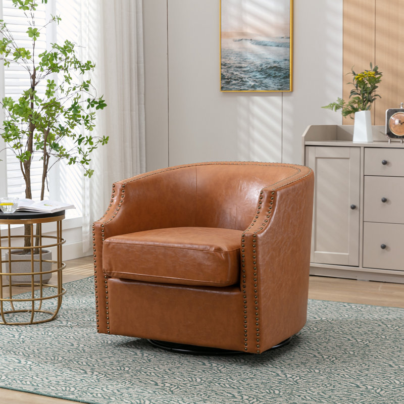 Fauteuil demi-tonneau pivotant de 30,12 po Bruke, Similicuir brun clair