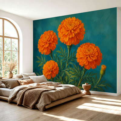Papier peint adhésif autocollant fleurs de souci orange feuilles vertes sarcelle éclatant floral autocollant amovible papier contact mural pour le salon Chambre H 69 po x l 96 po