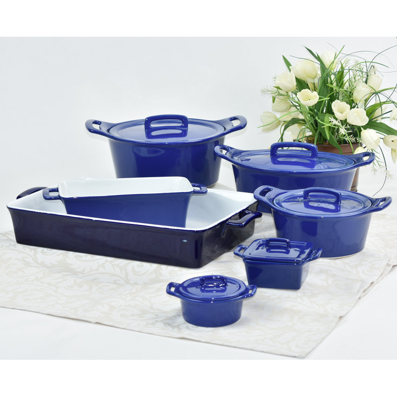 Casserole ronde en grès avec couvercle Omniware, Bleu de cobalt, Grand