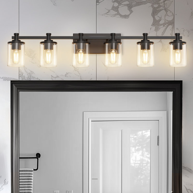 Modern 6-Light Vanity Fixture With Clear Glass Shades, Matte Black