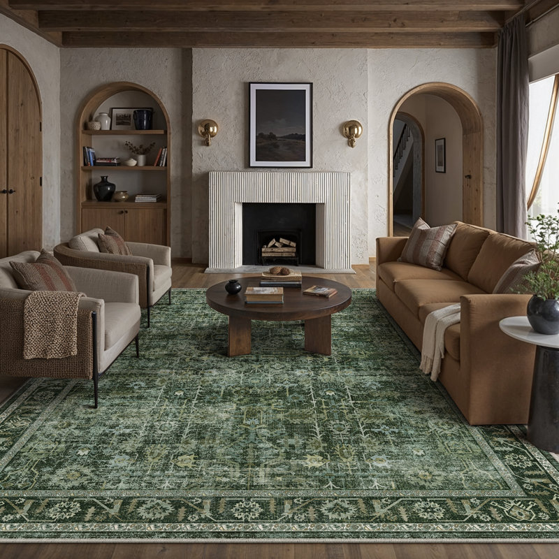 Vintage Classic Oriental Area Rug in Green, Rectangle 3'4" x 5', Green