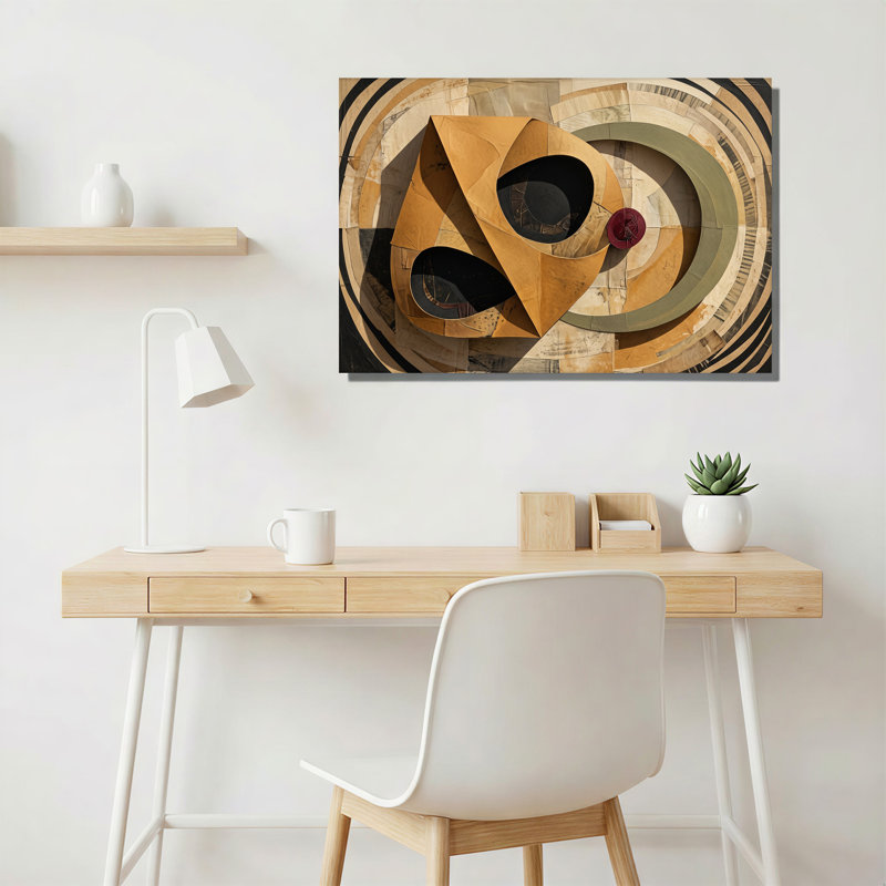 Abstrait collage géométrique doré avec anneaux concentriques, art mural, 12"H x 18"W