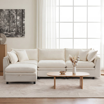 113'' Upholstered L-Shape Sectional Cloud Couch With Storage Ottoman