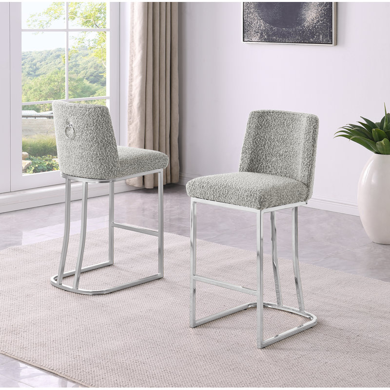 Tabourets de bar et de comptoir en tissu bouclé Teddy avec base, Siège gris foncé / Cadre argenté