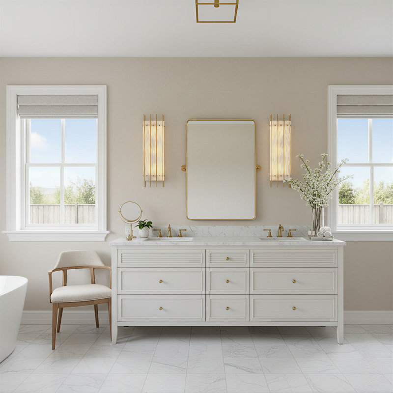 Applique murale 3 lumières pour salle de bain moderne rectangulaire encastrée 24 "à 3 lumières Albâtre, Laiton