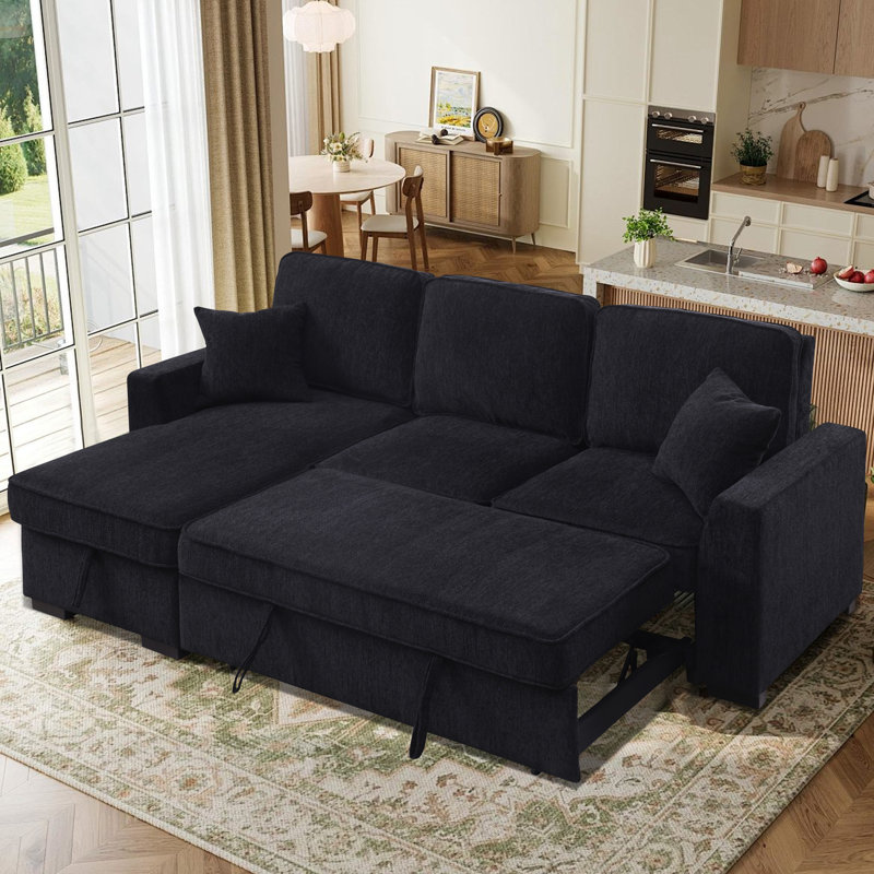 L-Shaped Sleeper Sofa Reversible Couch Pull Out Couch With Storage Chaise, Black Chenille