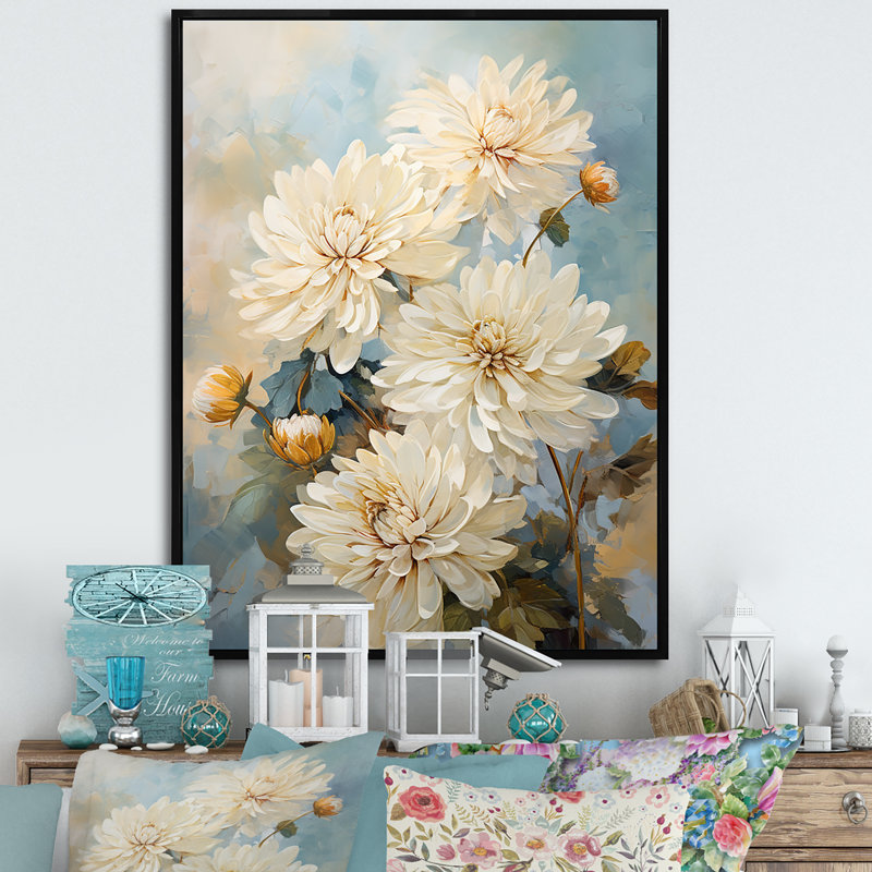 «Beige Mums In Bouquet Bliss», reproduction sur toile, Cadre photo blanc, 32" H x 16" W