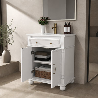 Meuble-lavabo autoportant de style Mid-Century de 70 cm (27,52 po) avec lavabo en céramique, armoire blanche et poignées en métal