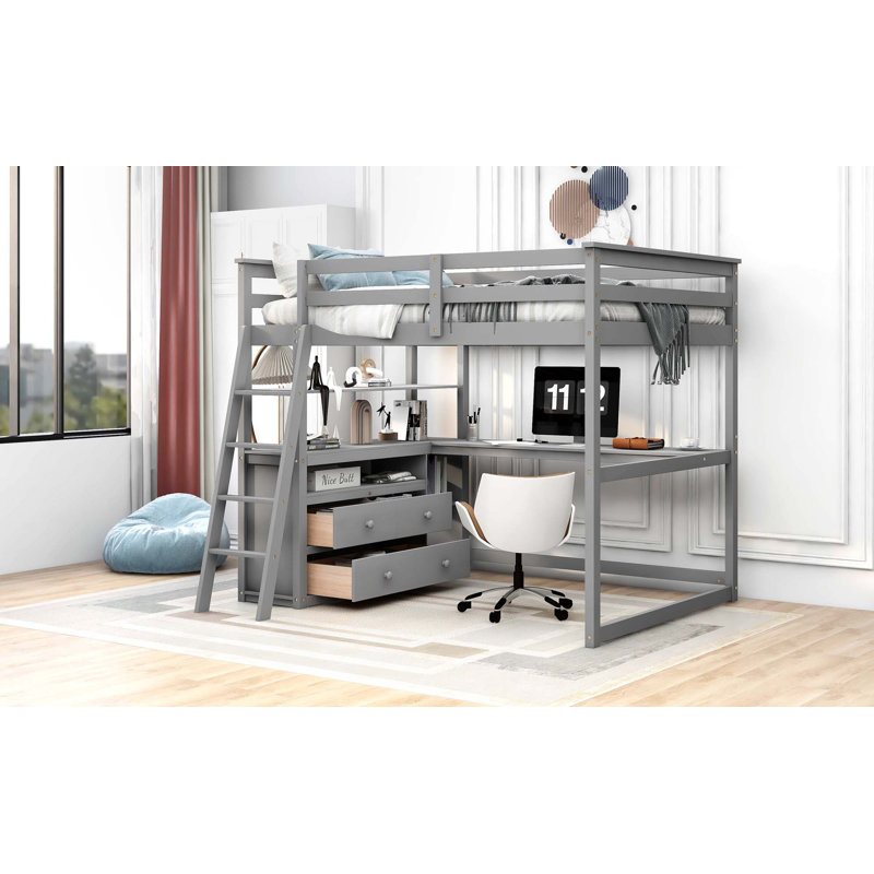 Evo 2 Drawer Loft Bed with Built-in Desk and Shelves, Twin, White 1