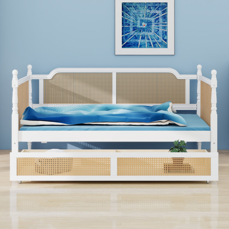 Traditional Rattan Daybed with 2 Storage Drawers,  for Guest Rooms and Limited Areas, Antique White