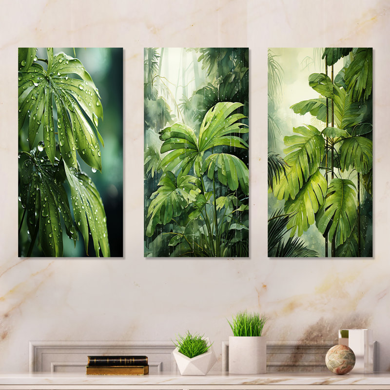 «Mossy Morning Palms», ensemble de 3 impressions sur toile de palmiers et palmiers, Toile tendue, H 32 po x l 48 po
