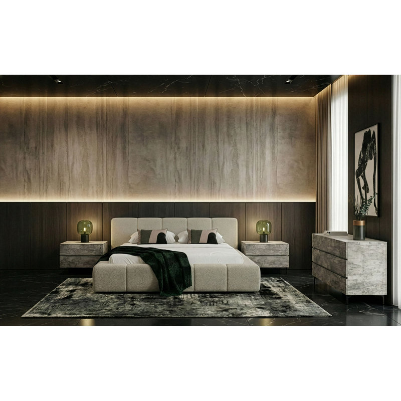 Ensemble de chambre à coucher 4 pièces Carstens - Tissu beige moderne + texture grise, Queen
