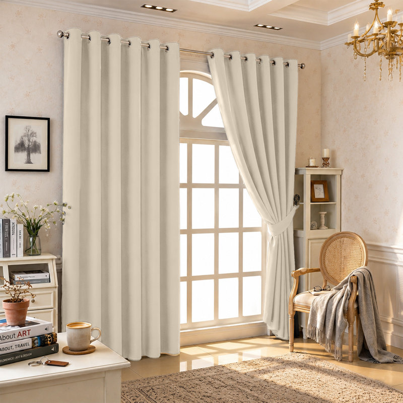100 % Polyester Blackout Eyelet Room Darkening  Thermal Curtain (Set of 2), Cream, 168 cm Width x 183 cm Drop