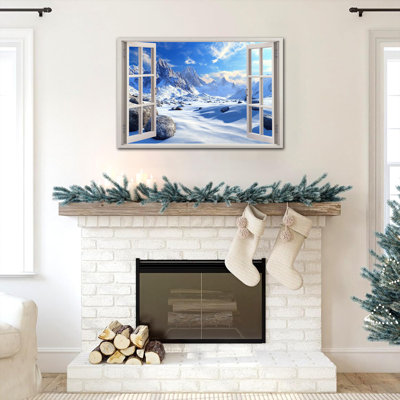 Grand art mural sur toile d'hiver avec fenêtre ouverte, paysage enneigé, impressions de faux tableaux encadrés, peinture sur toile pour le salon, la chambre à coucher, bureau, décoration murale, 32 po x 48 po