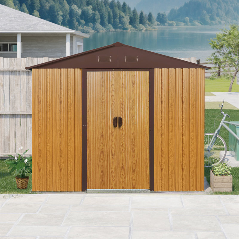 8 Ft X 4 Ft Outdoor Metal Storage Shed With Window And Metal Foundation For Backyard, Patio, Lawn, Coffee