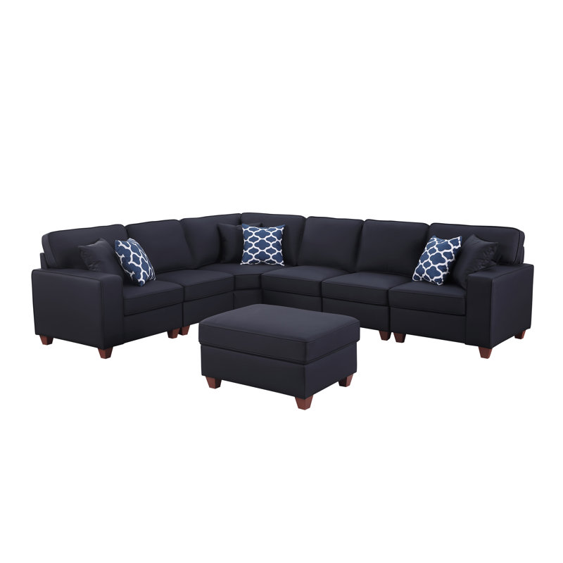 Shayle Artificial Leather Modular Sectional With Ottoman, Black Faux Leather, 35"H x 125.25"W x 33.25"D