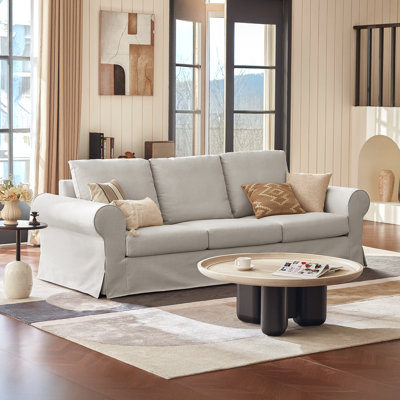 89" Modern Slipcovered 3-seater Sofa, Skirted Couch With Round Arms For Living Room