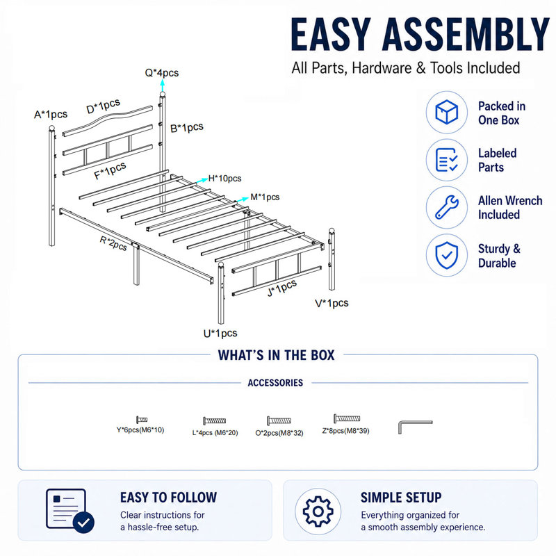 Metal Bed Frame With Headboard, Twin XL