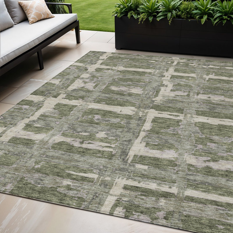 5' X 8' Olive Green Gray And Beige Striped Washable Indoor Outdoor Area Rug, Rectangle 5' x 8'