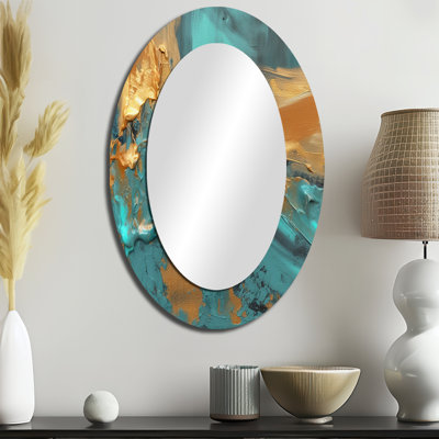 Golden Sunshine Wild Turquoise River Abstract II - Large Oval Wall Mirror On Metal