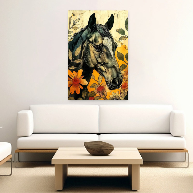 Élégant cheval floral Elegant Serene Vibrant Horse Autumn Flower Art mural, H 60 po x l 40 po