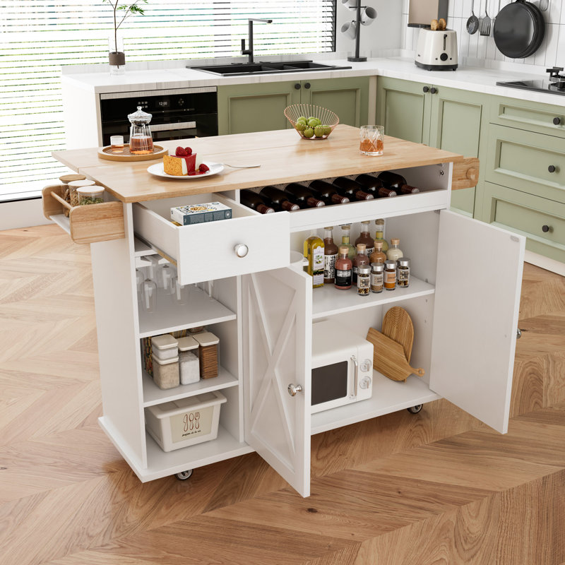 Chariot pour îlot de cuisine de 44 po avec plateau en bois massif, rangement pour le vin, porte-épices, porte-serviettes, porte-verre à vin, table à roulettes pour îlot de cuisine sur roulettes, installation sans outil, blanc