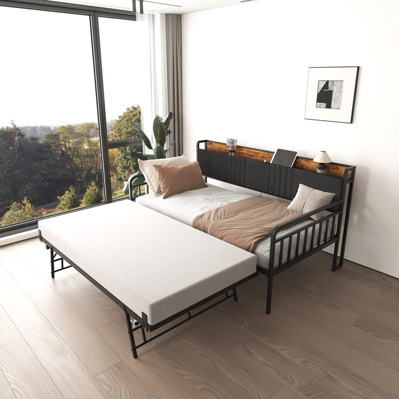 Lit de jour avec lit gigogne, structure de lit simple en métal robuste avec tête de lit tapissier et station de charge pour le salon, la chambre à coucher et la chambre d'amis, noir